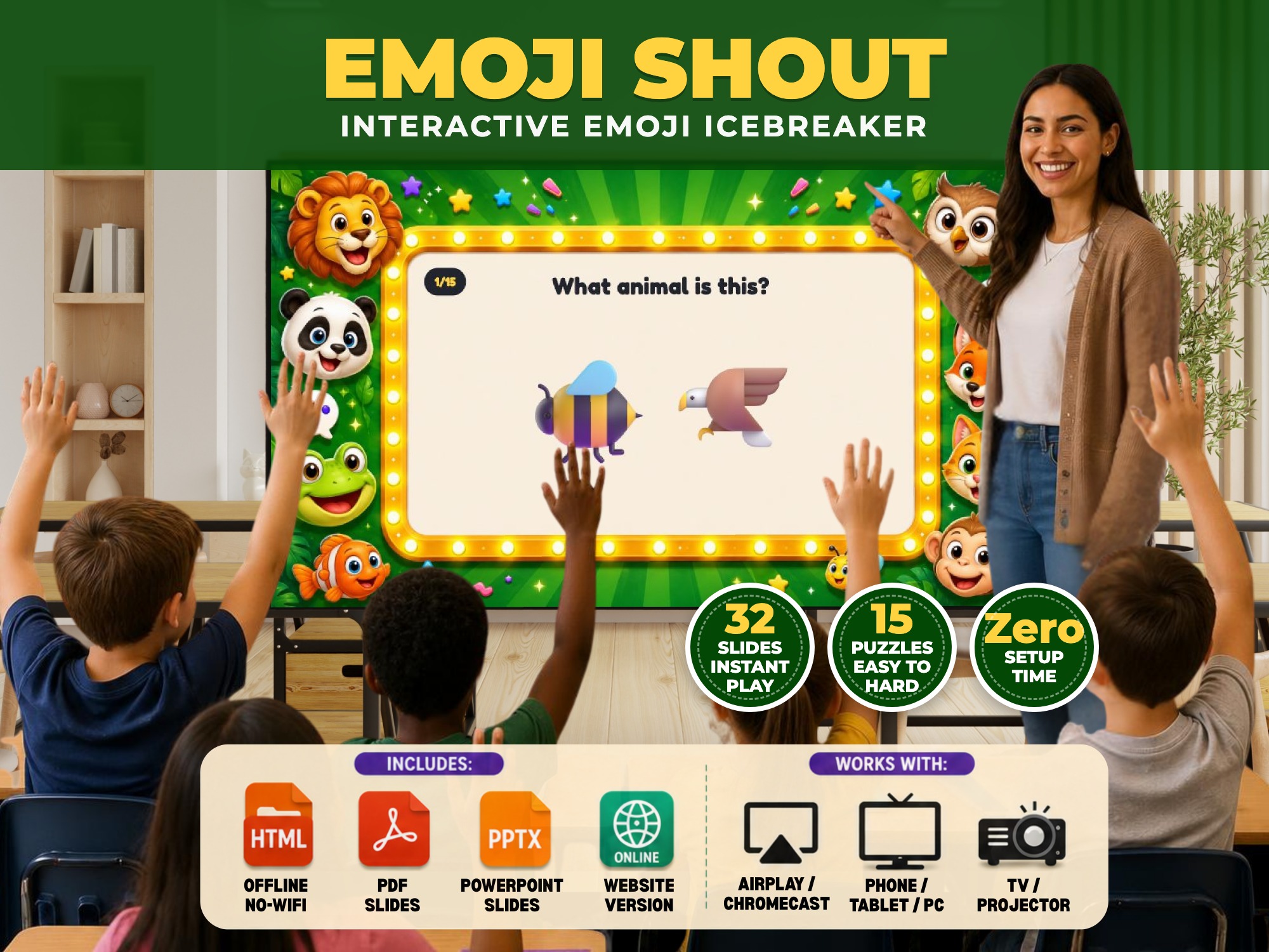 Emoji Shout β the Animals pack on a classroom screen